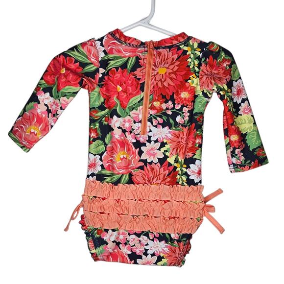 Rufflebutts UPF 50+ Sunset Garden Floral One Piece Rash Guard swimsuit sz 6-12m - Picture 2 of 5